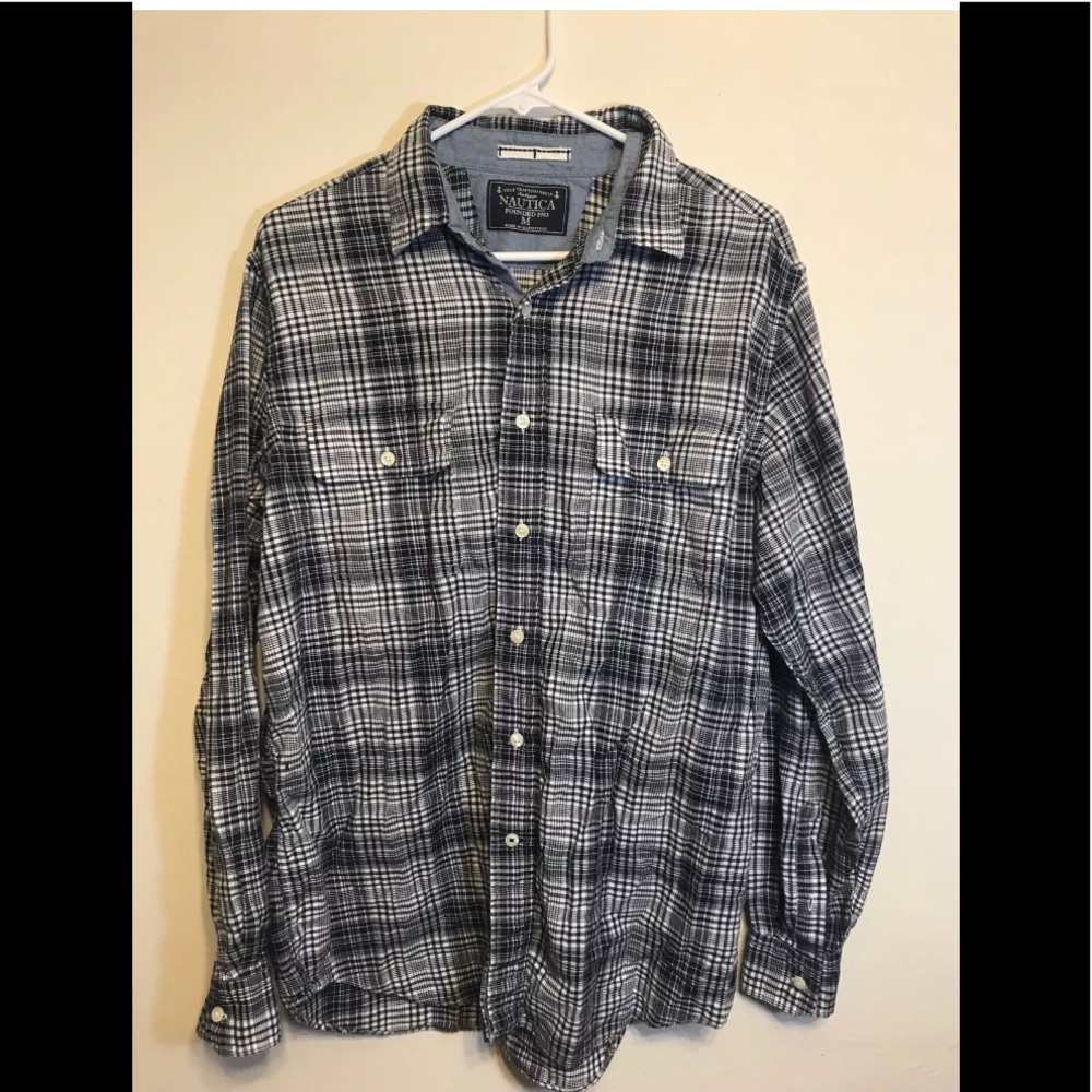 Nautica Shirt Blue White Plaid Long Sleeve Button